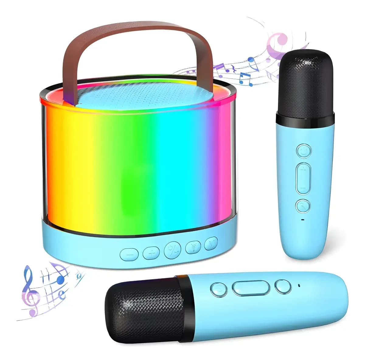 Maquina Karaoke Redondo Portátil 2 Microfonos Parlante Rgb Celeste