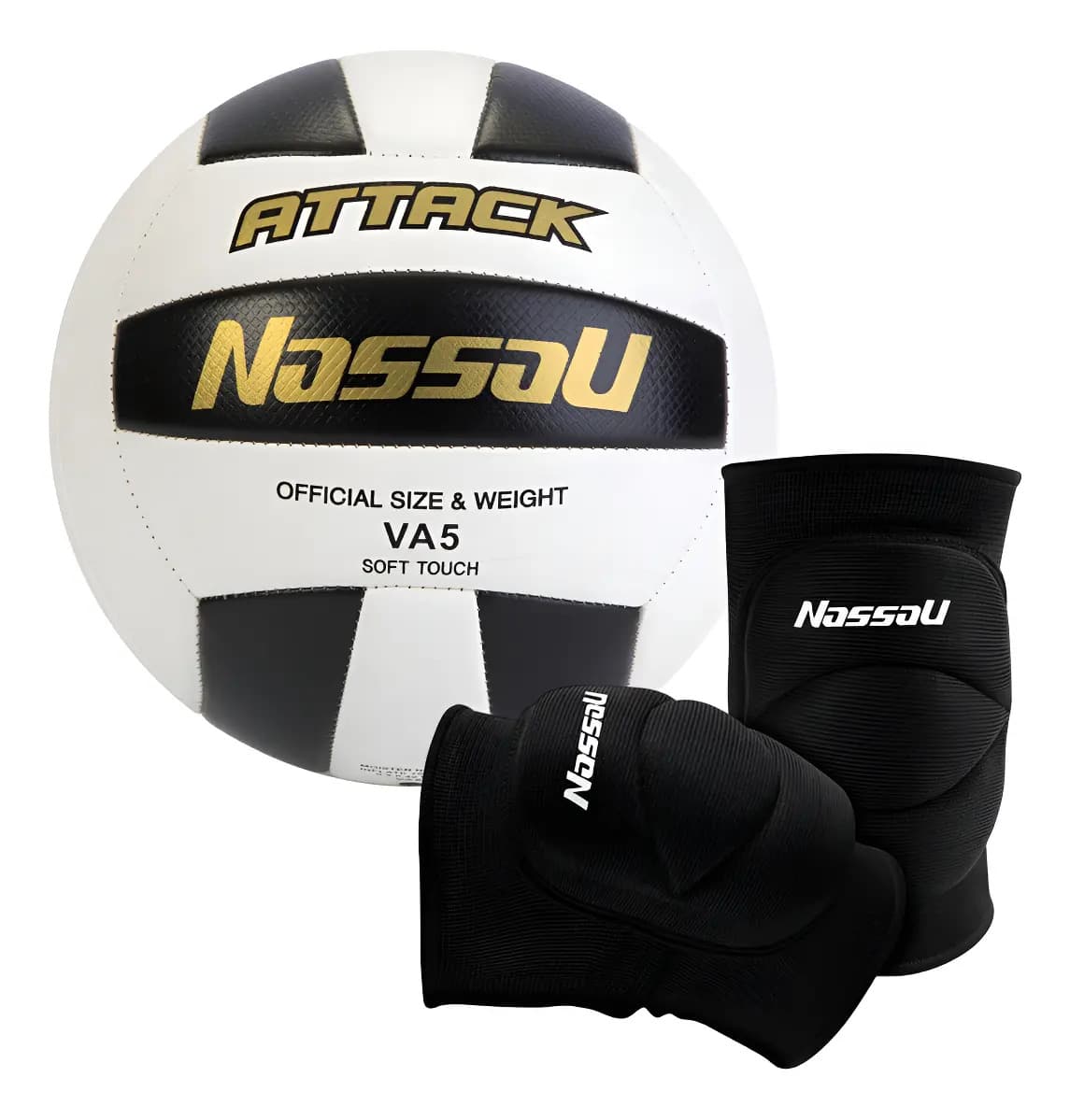 Pack Nassau Voley Profesional Pelota + Rodillera Acolchada Color Pelota Blanco Negro - Rodillera Negro Talle Xs