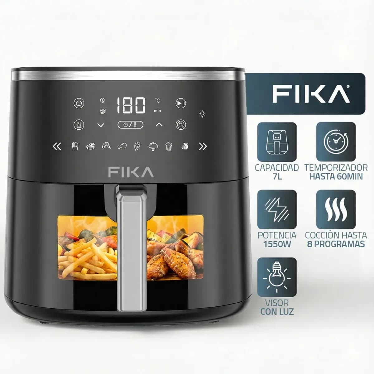Freidora De Aire Fika 7L Air Fryer Digital Con Visor 1550w 8 Programas Sin Aceite Color Negro