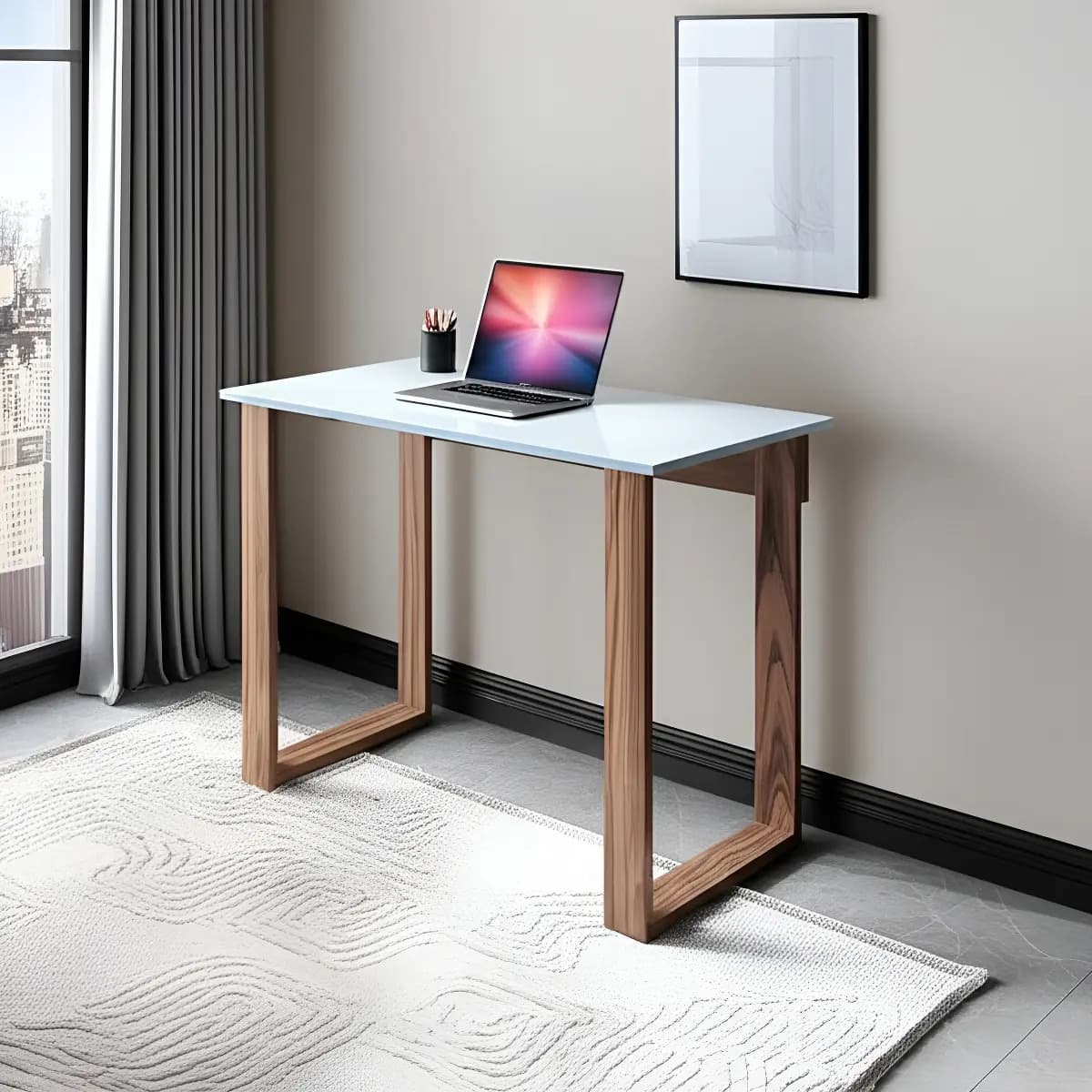 Escritorio Moderno Chico Para Oficina Con Patas Rectangulares Madera Color Nogal Y Tapa Melamina Blanca