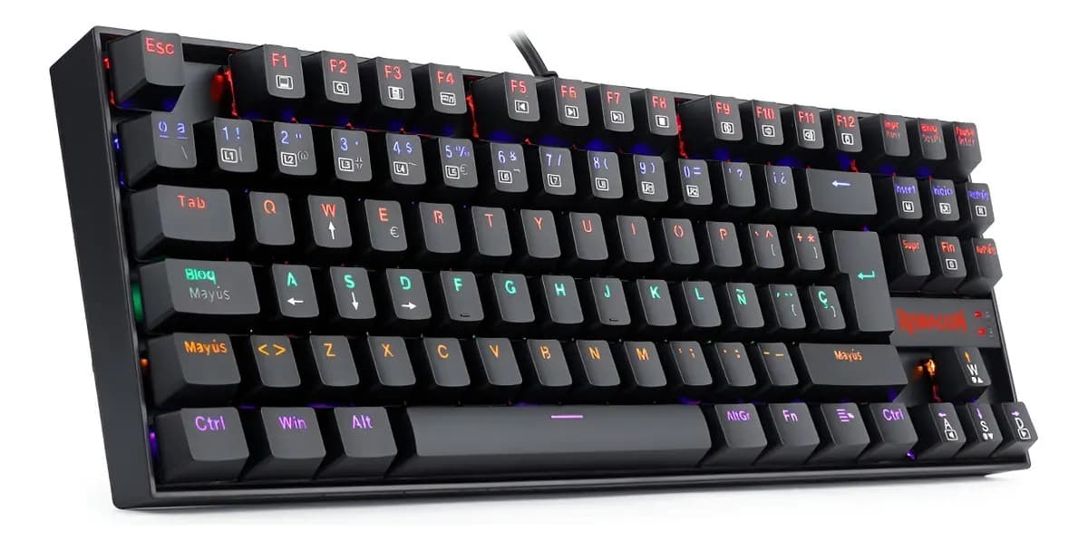 Teclado gamer Redragon Kumara K552 QWERTY Red español latinoamérica color negro con luz rainbow