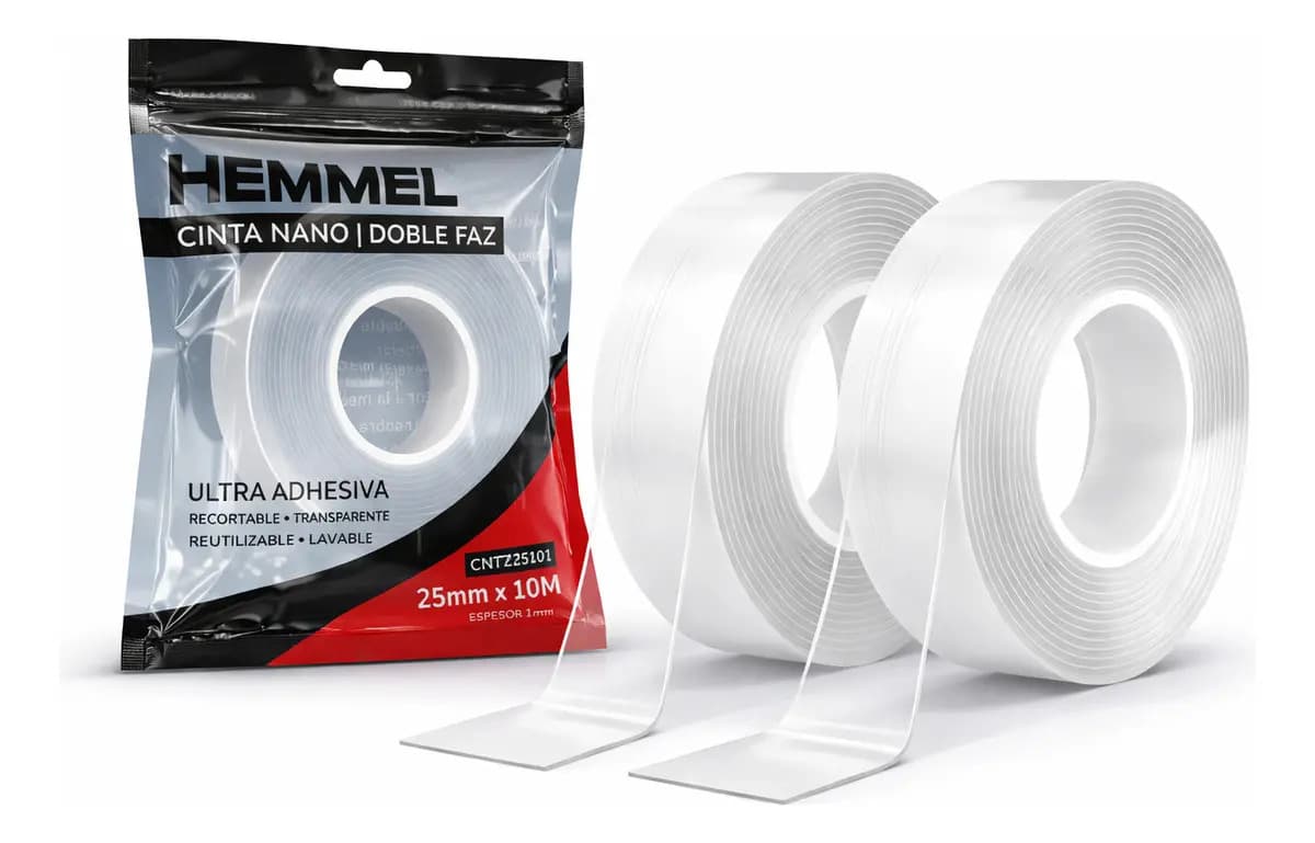Cinta Doble Faz Siliconada Hemmel X 2 10 M Largo 25 Mm Ancho Alta Adherencia Nanotecnologia Transparente