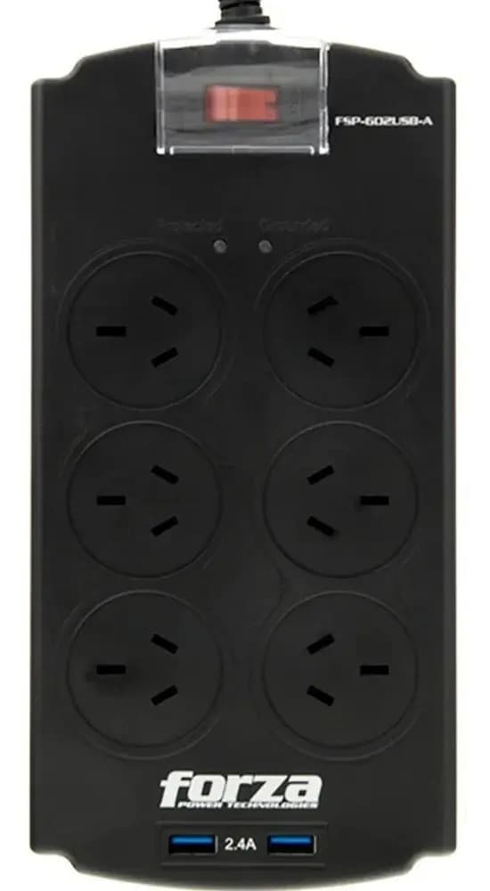 Enchufe Protector Tensión Forza 6 Tomas + USB Color Negro