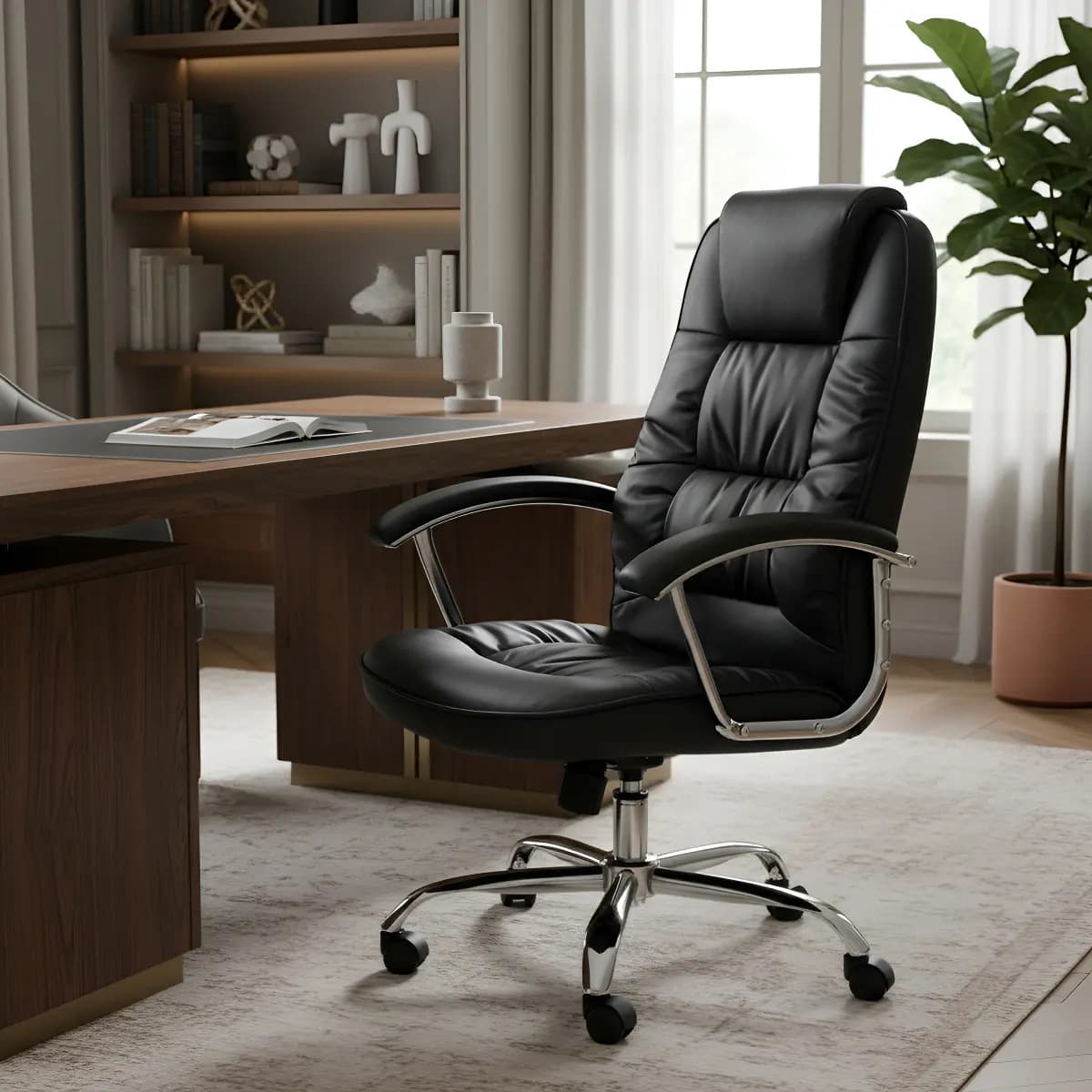 Silla Oficina Flia. HDC Group Gerencial Ejecutiva Cromada Negra Giratoria