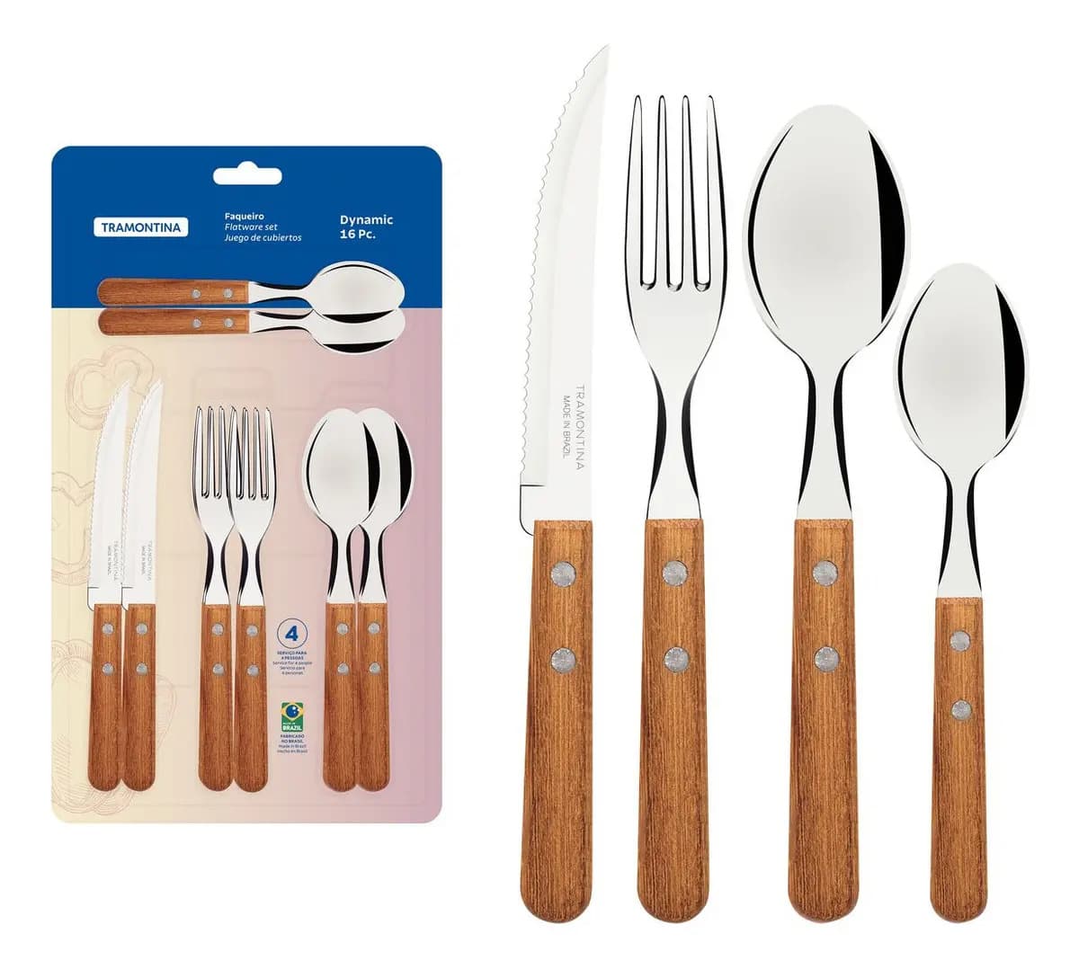 Juego de cubiertos Tramontina de acero inoxidable con mango de madera marrón Dynamic de 16 piezas