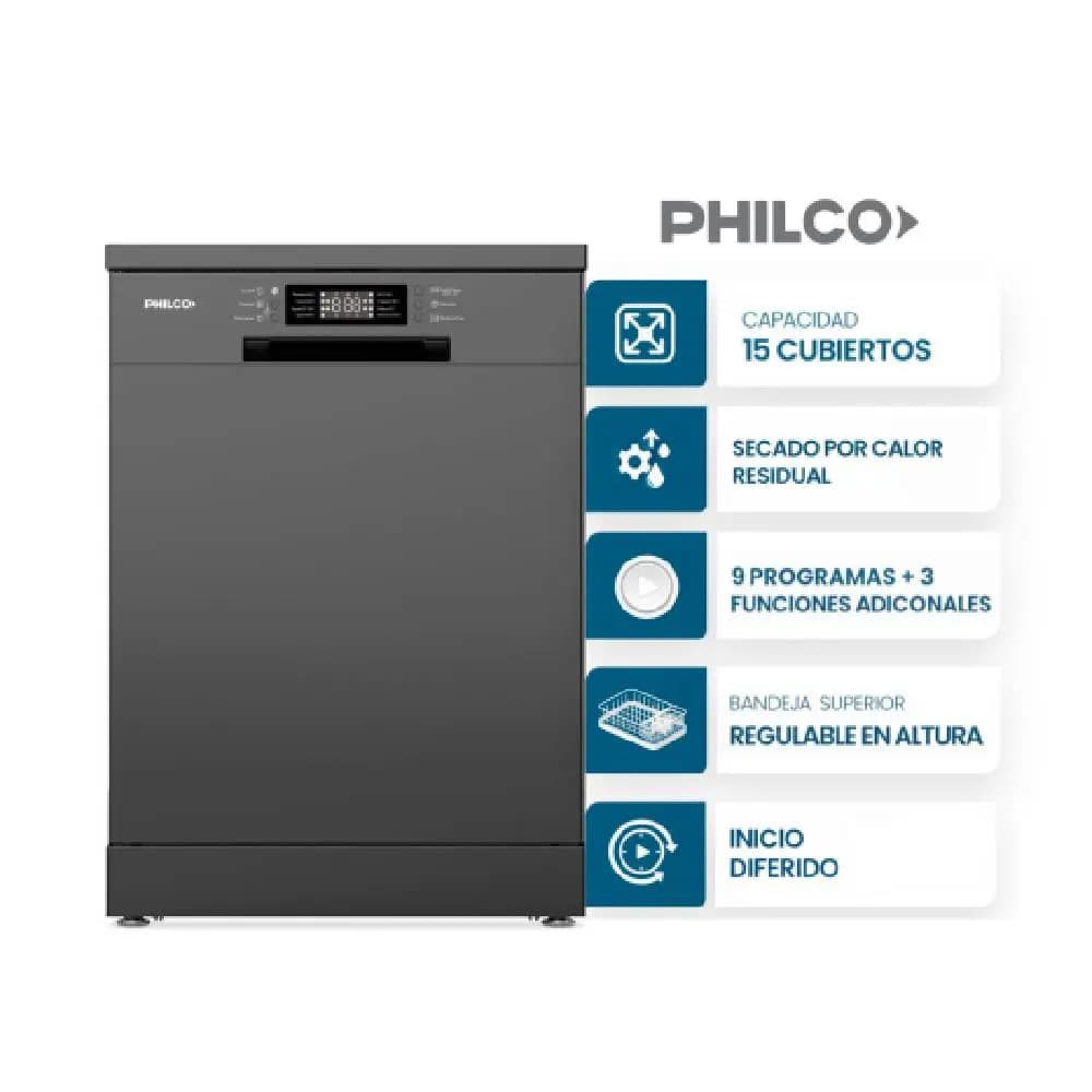 Lavavajillas Philco 15 Cubiertos Negro