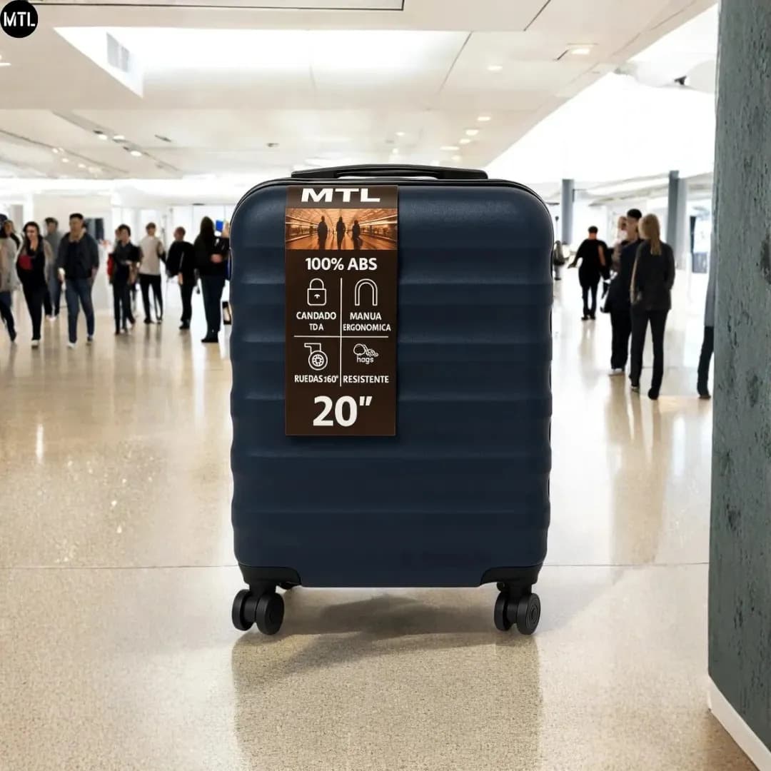 Valija Carry On 20 Pulgadas Mtl Color Azul Rígida Abs Liviana Diseño Ondulado Liso Ruedas Dobles 360° Candado Tsa Asa Telescópica Equipaje De Mano Cabina Avión Viaje Resistente