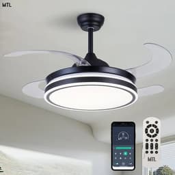 Ventilador Lámpara De Techo Inteligente con App MTL Color Negro Luz Led Incorporada Aspas Retráctiles 3 Tonos Control Remoto 6 Velocidades Estilo Moderno Ideal Living Comedor Manejo aplicación