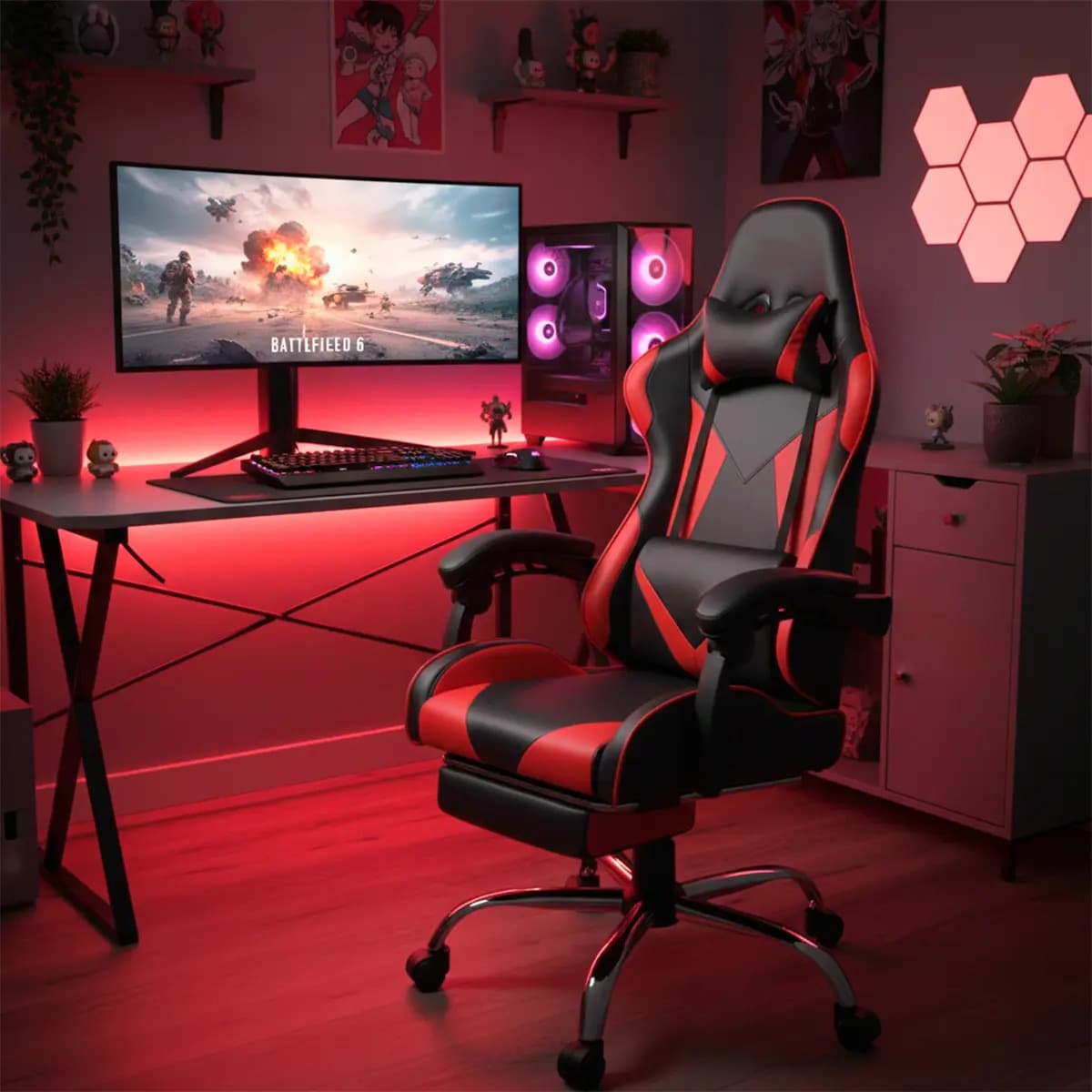 Silla de escritorio Reforzada Ph Import Gamer ergonómica negra y roja con tapizado de cuero sintético
