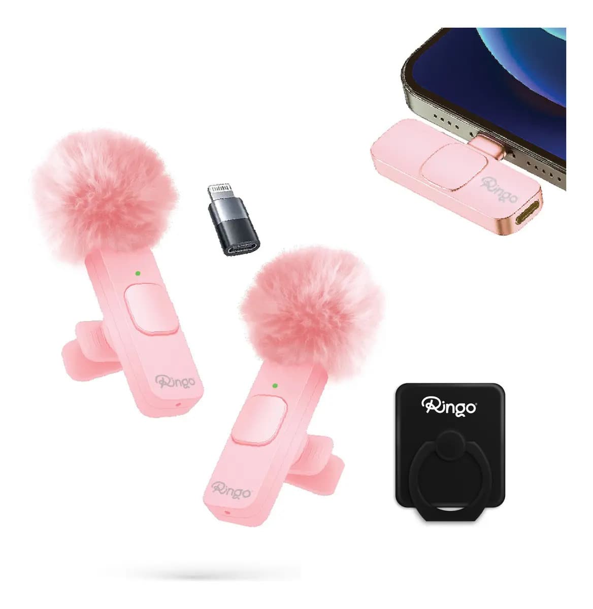 Micrófono Inalámbrico Corbatero Para Celular Ringo x2 Cubreviento Receptor USB-C y Adaptador Lightning Ideal Streaming Para Creadores de Contenido Influencers Color Rosa