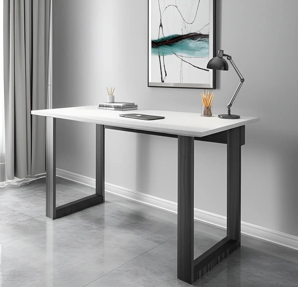 Escritorio Moderno Chico Para Oficina Con Patas Rectangulares Madera Color Negro Y Tapa Melamina Blanca