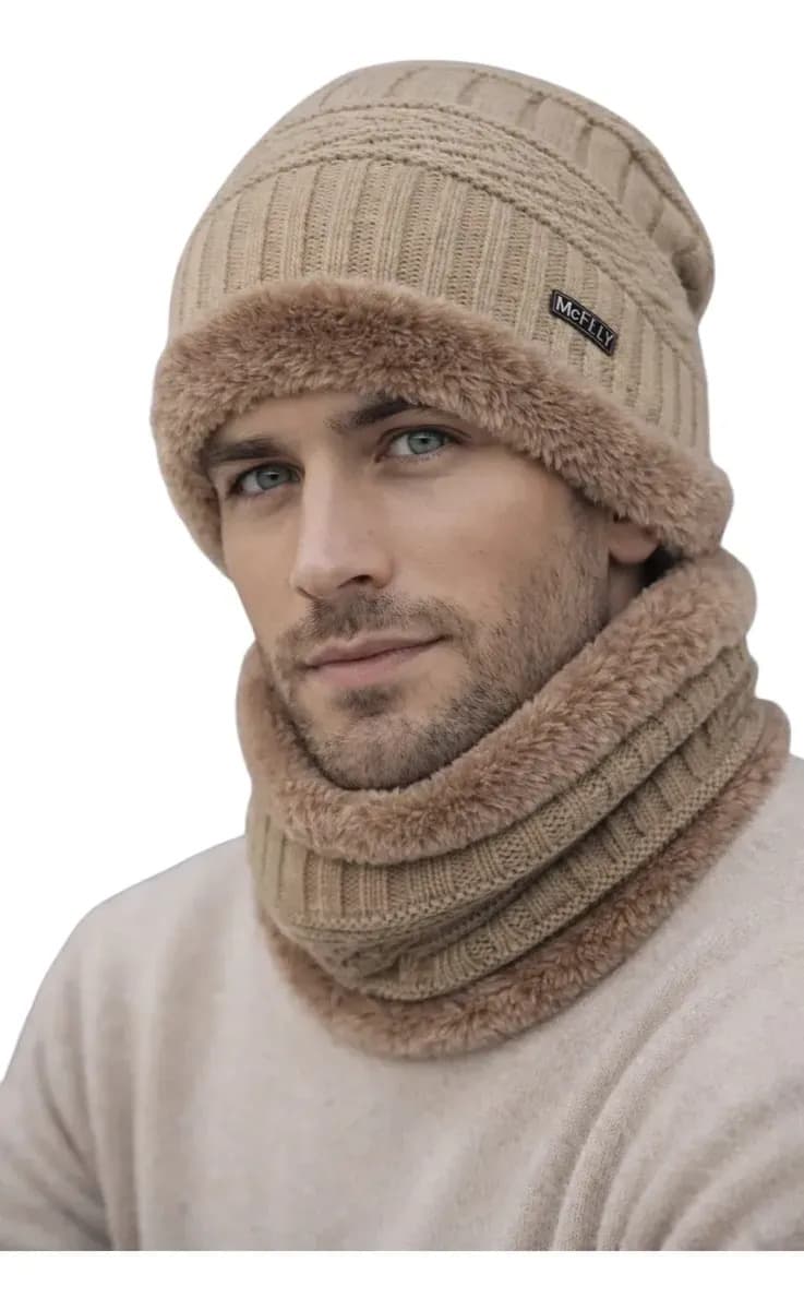 Combo Gorro Beanie + Cuello Lana Corderito Hombre Invierno Color Beige Talle Único Adulto (+ 16 Años)