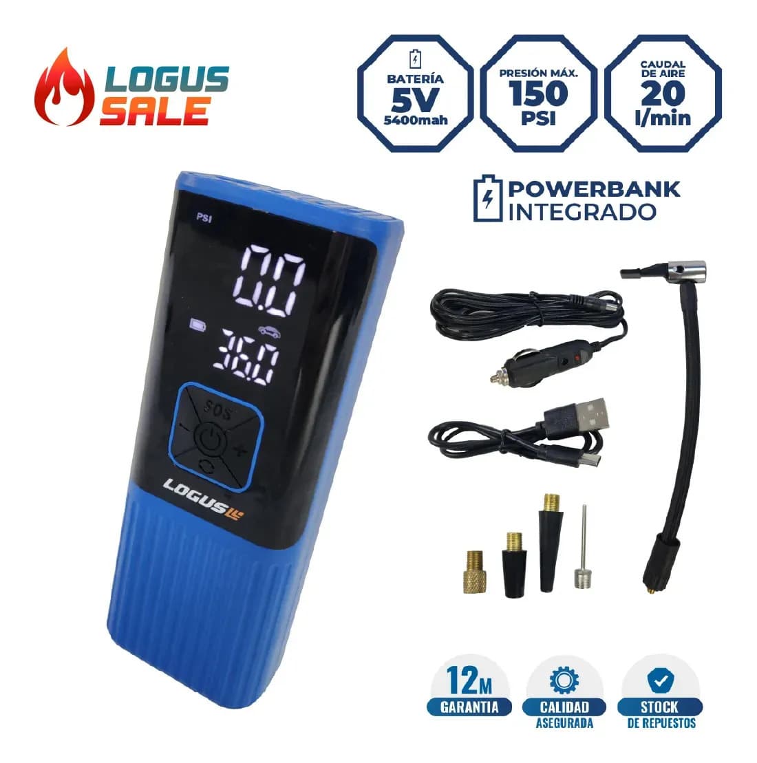 Compresor de Aire Portátil Logus 5v 5400mah 150 PSI Power Bank Auto Moto Bici + Accesorios