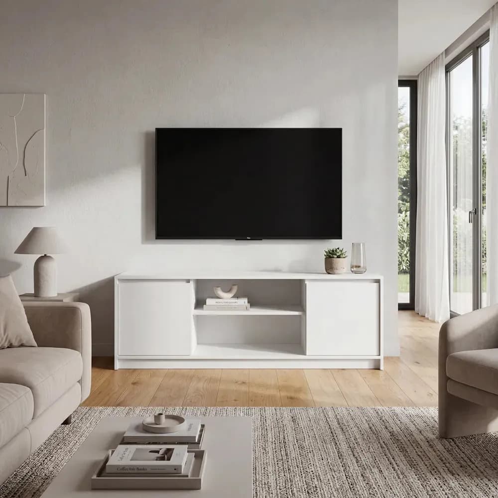 Rack Mesa Para TV Lcd Smart 1.40 Mts Mueble Moderno Blanco Organizador Living Comedor Bajo Minimalista Rtv140