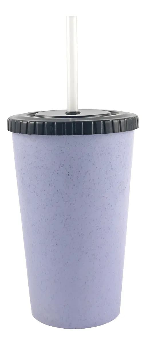 Set 25 Vasos Clásicos Deuan Speckle Realizados En Plástico Libre Bpa 450 Centímetros Cúbicos Con Tapa Y Sorbete Rígido Color Violeta Pastel Y Tapa Negra A Rosca Ideal Bebidas Calientes Frías