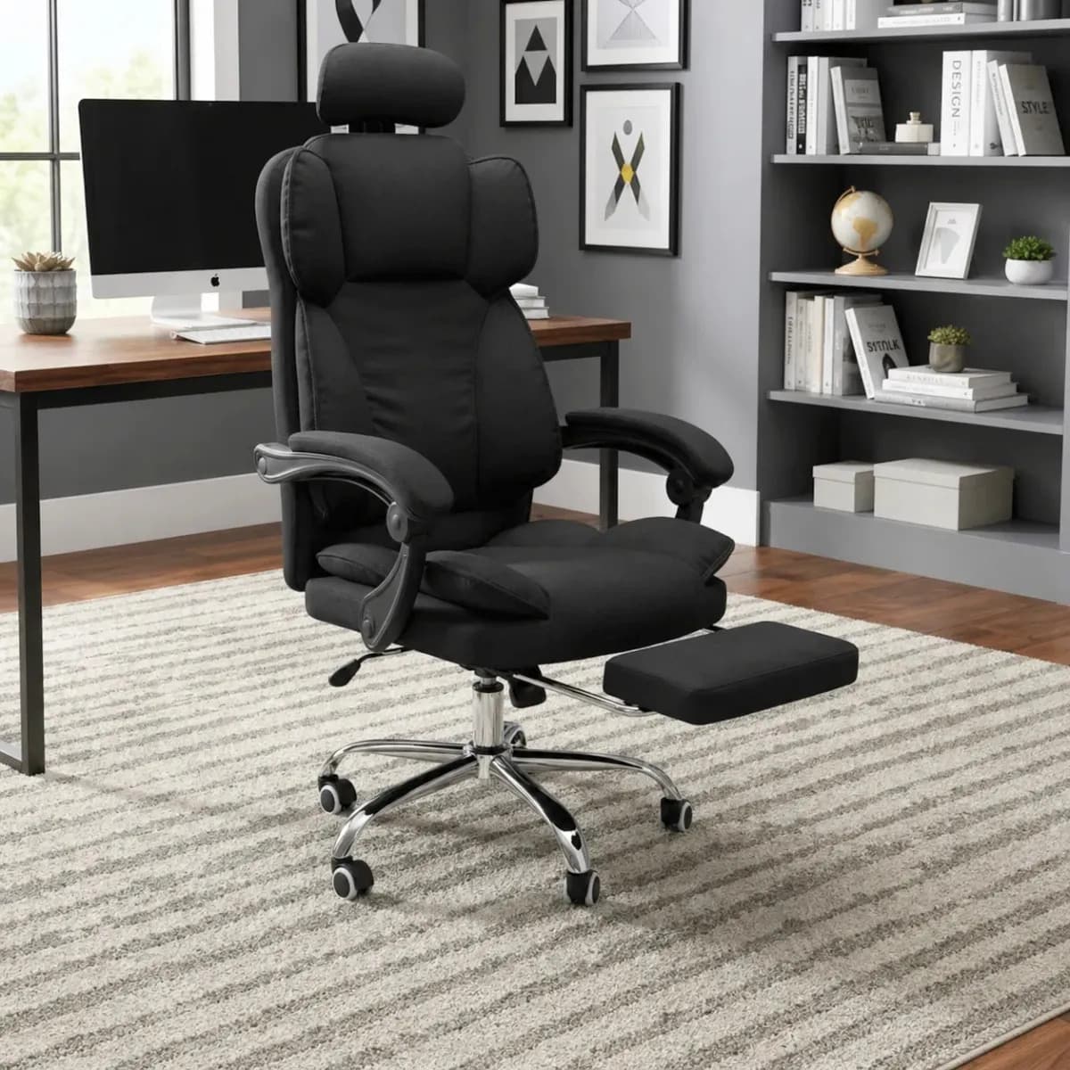 Silla Sillon Oficina Ergonómica Novohome Escritorio Pc Reclinable Apoya Cabeza Y Apoya Pies Ejecutivo Gerencial Color Negro Tapizado Cuero Sintetico Premium