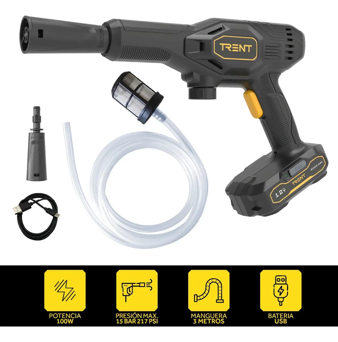 Hidrolavadora Inalambrica Trent 100w 145 Psi Portátil Usb C Con Accesorios