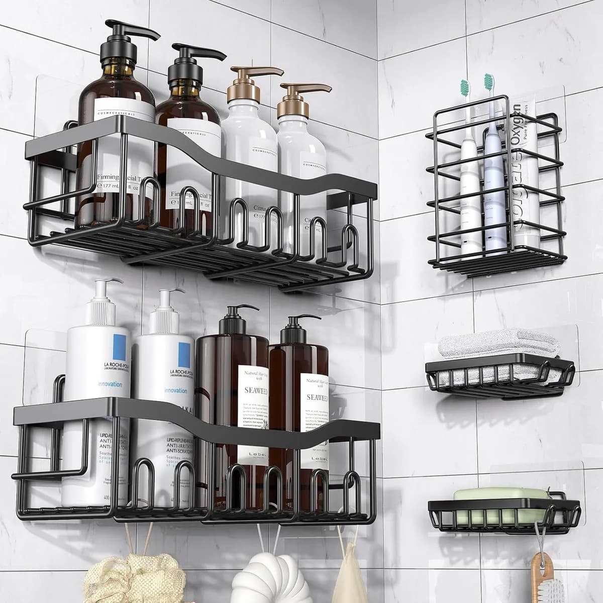 Set X5 Organizador Ducha Estante Bano Canasto Baño Adhesivo Negro