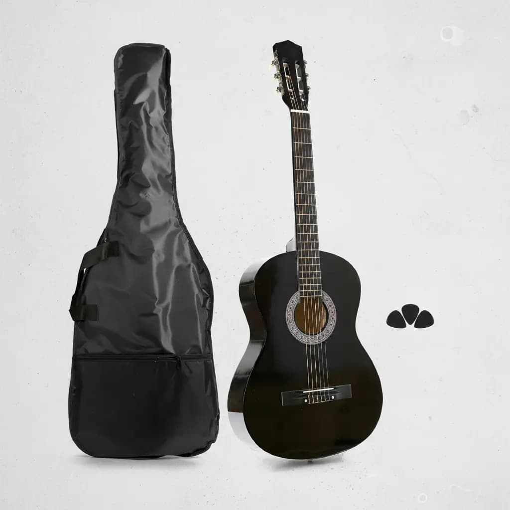 Guitarra Criolla Ambidiestro Madera Dura Cg001 Negro Funda Y Púas