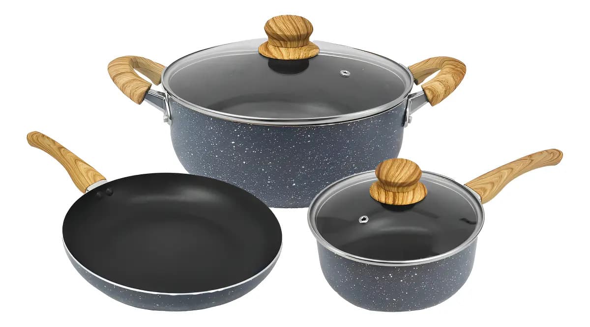 Set de Olla Cacerola Sartén Antiadherente Teflon Fary Home Color Granito Gris