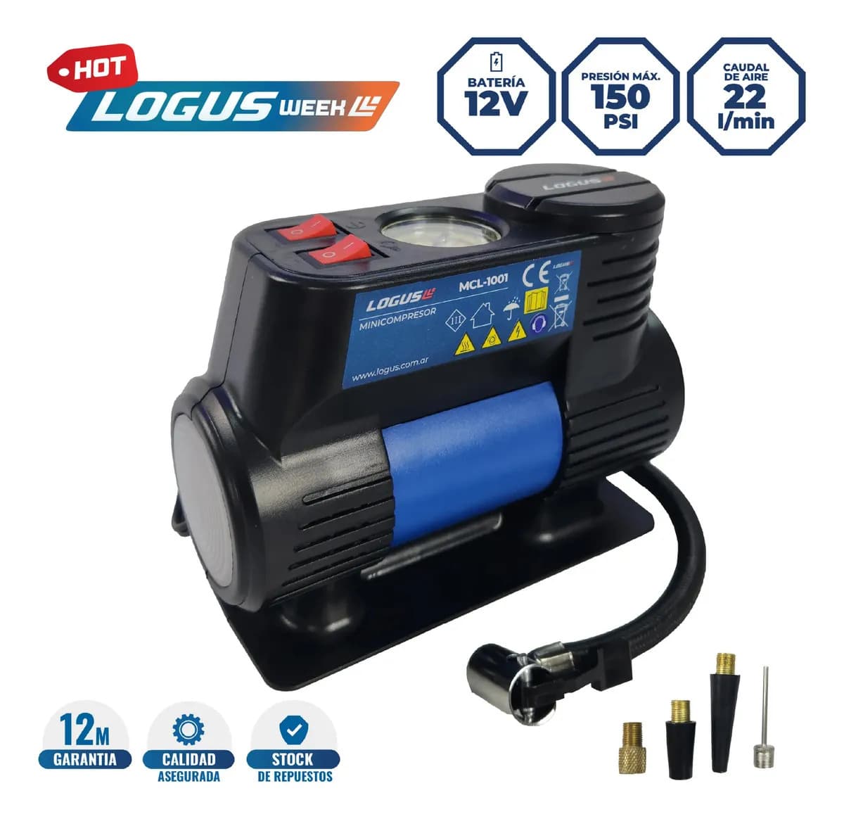 Mini Compresor de Aire Inflador Portátil Logus 12V Auto Bici Moto 150 PSI