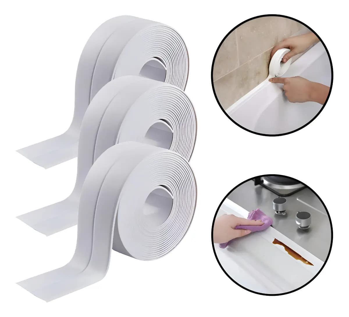 Set X3 Cintas Adhesiva Impermeable Aislante Cocina Baño Selladora Antihumedad Multiuso Autoadhesiva Moldura Protector Grietas Juntas Lavamanos Bañera Paredes Azulejos Silicona Flexible Blanca