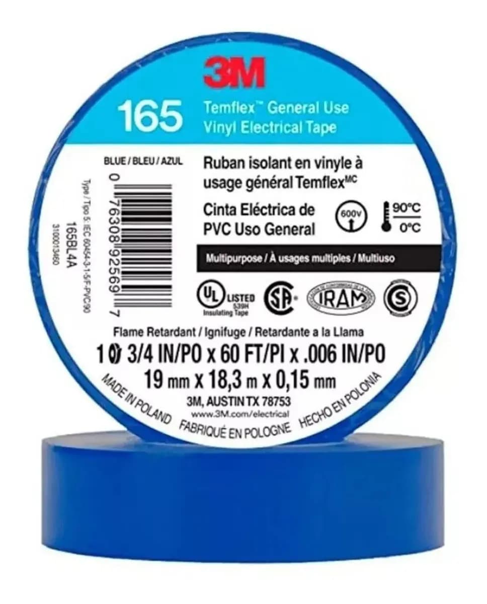 Pack x10 Cintas 3m Aisladoras Pvc Temflex 165 19mm X 18m Color Azul