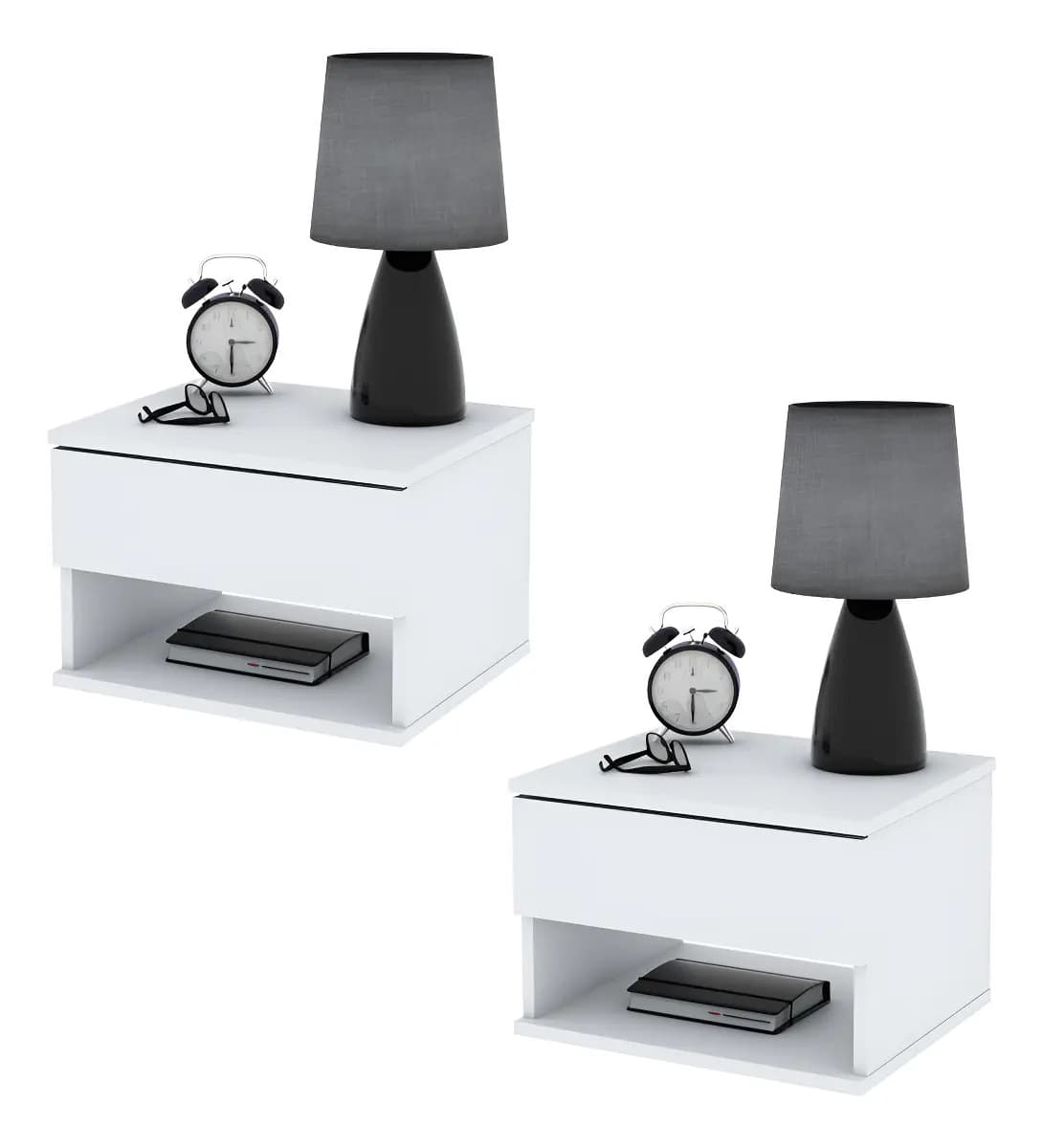 Mesa de Luz Flotante de Melamina Blanca con 1 Cajón – Pack de 2 Unidades