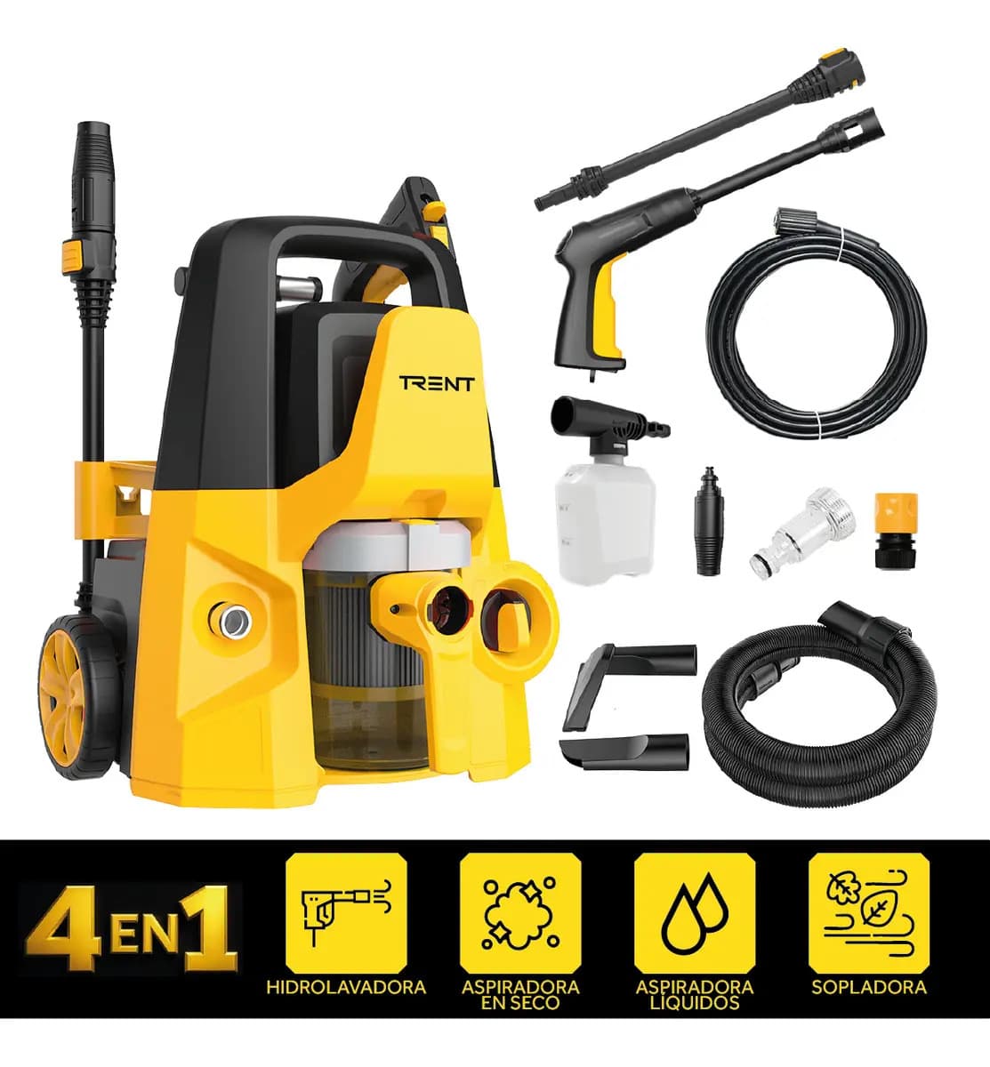 Combo Hidrolavadora Electrica Industrial 4 en 1 Trent Blast 1600W 1885PSI – Aspiradora (seco/húmedo) y Sopladora