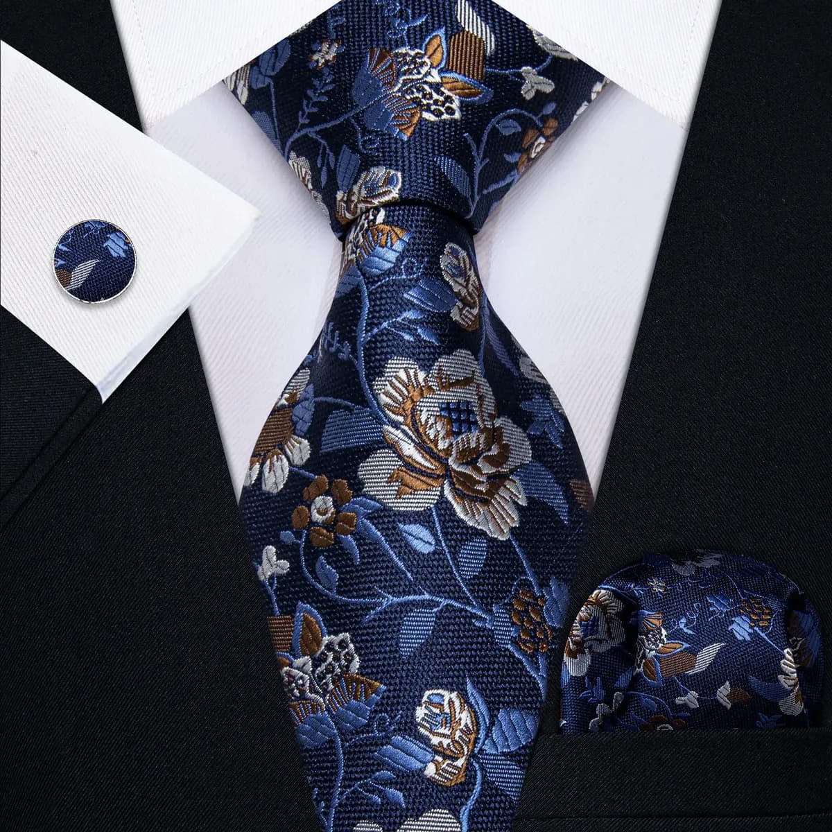 Corbata Hombre Seda Set Con Pañuelo Y Gemelos Ideal Color Azul Marino B Diseño De La Tela Floreado Largo 150 Cm