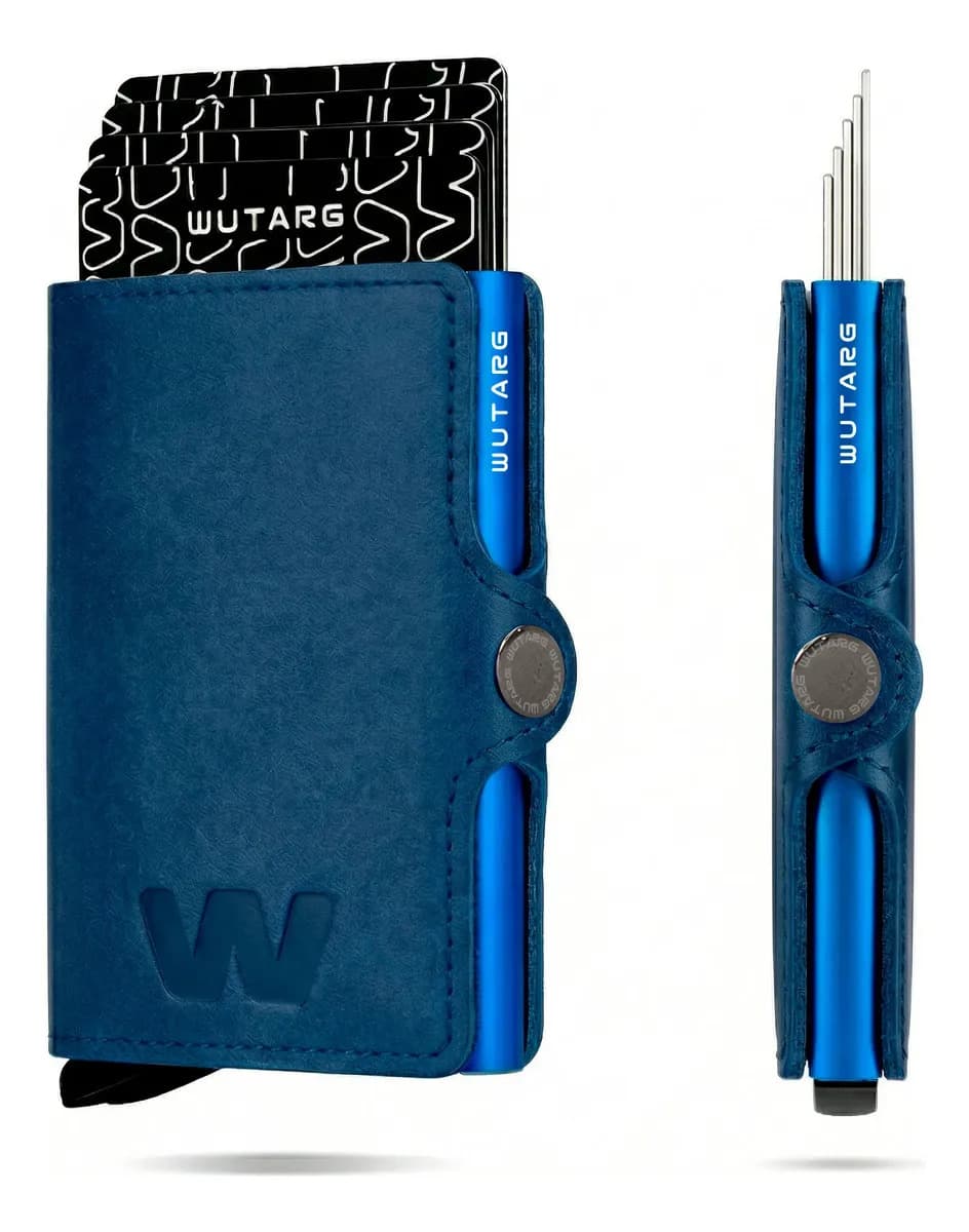 Billetera WUTARG Azul Urban Series Slim Tarjetero RFID Cuero PU 8 Tarjetas Anticlonación Minimalista