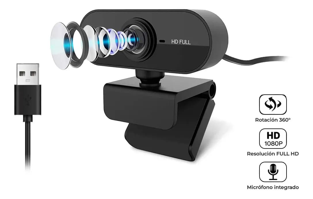 Webcam Full HD Carrello con Micrófono y Foco Automático USB Videollamadas Youtubers Entrevistas Clases online - Color: Negro