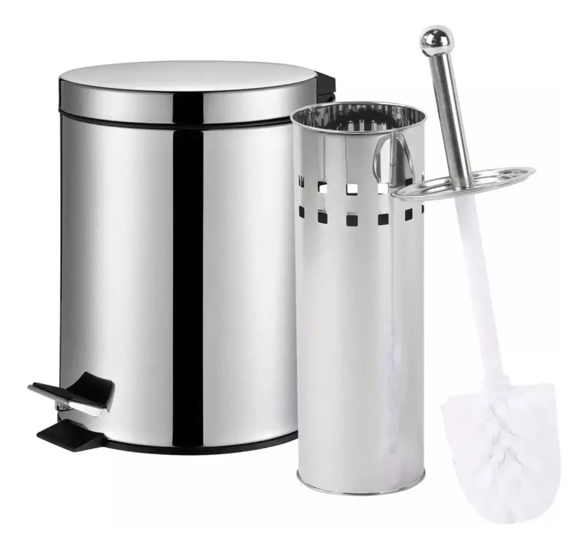 Set Tachos De Basura 3 Lts Y Escobilla Baño Blanco Madera