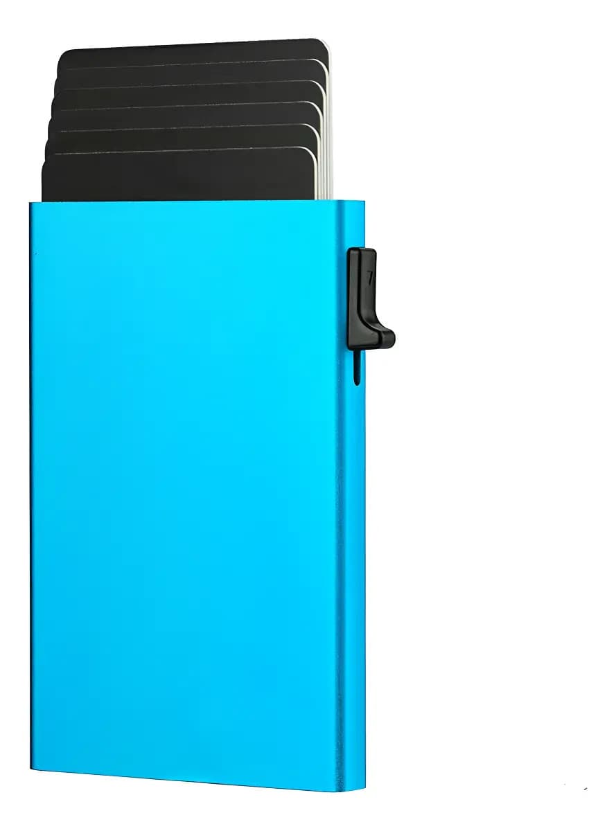 Tarjetero Aluminio Minimalista Para 8 Tarjetas Rfid Pop Up Color Azul Diseño de la tela Liso