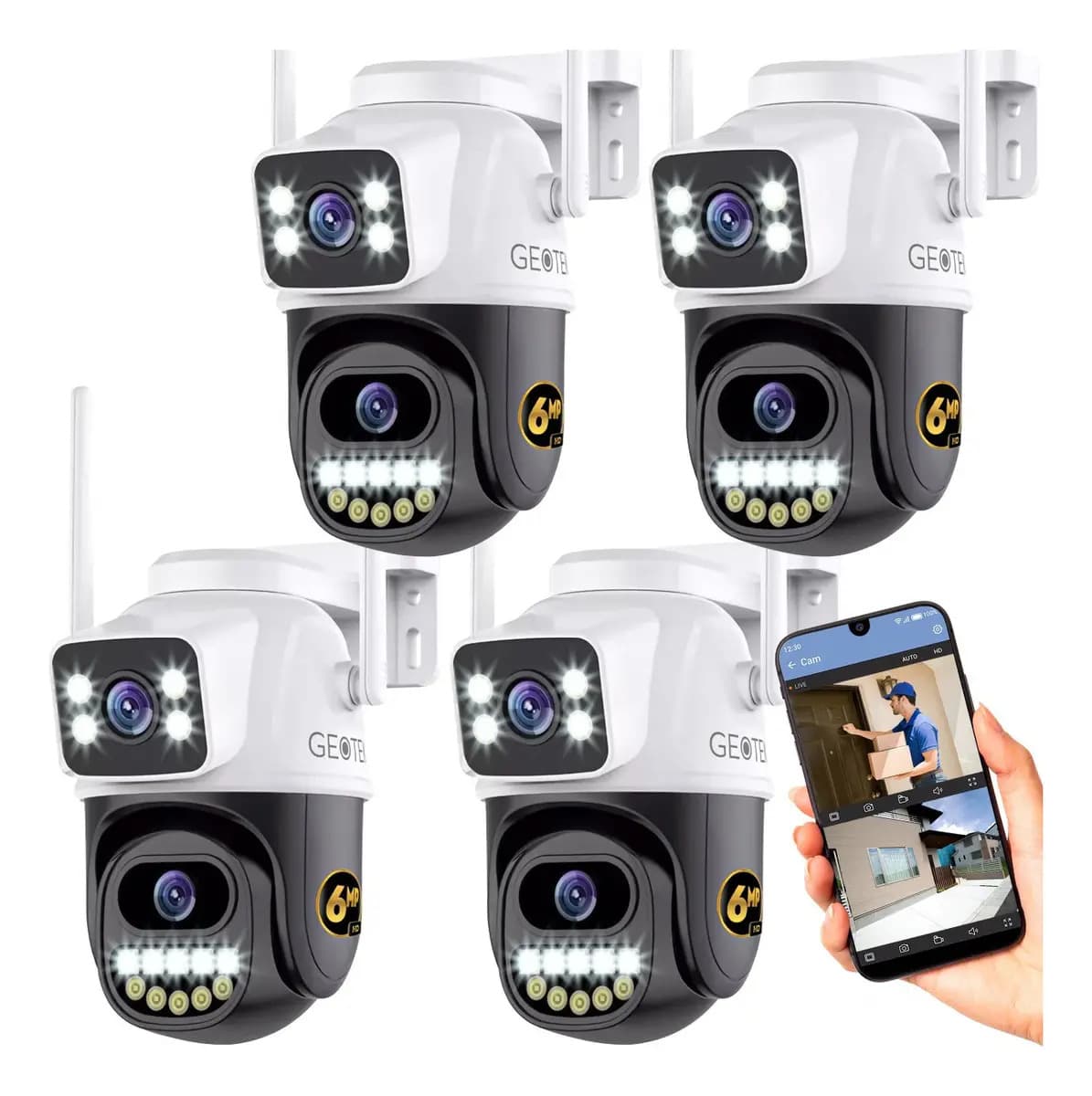 Kit 4 Camaras Seguridad Geotek 6mp Ip Wifi Domo Doble Lente Exterior Vision Nocturna Inteligente Deteccion Movimiento Seguimiento GT-A33 Blanco y Negro