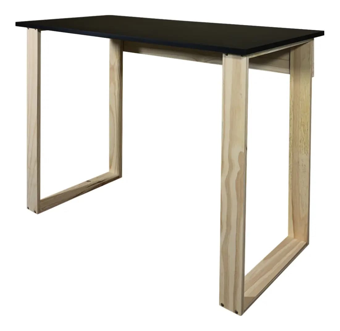 Escritorio Estilo Moderno Para Oficina Con Patas Rectangulares Altas Color Natural Y Tapa Melamina Color Negra