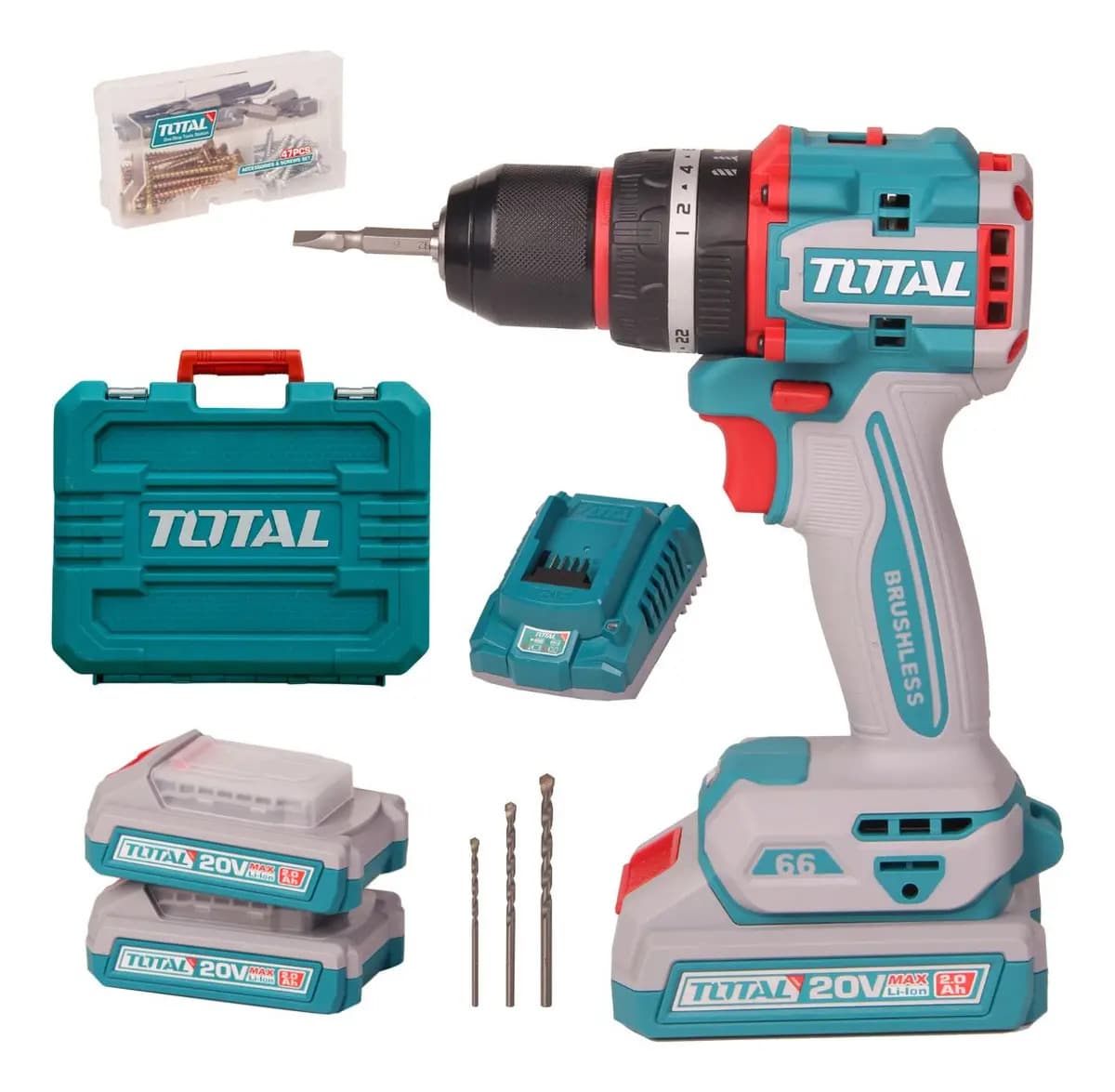 Taladro percutor atornillador inalámbrico TOTAL Brushless 66mm con maletín 2 baterías y accesorios