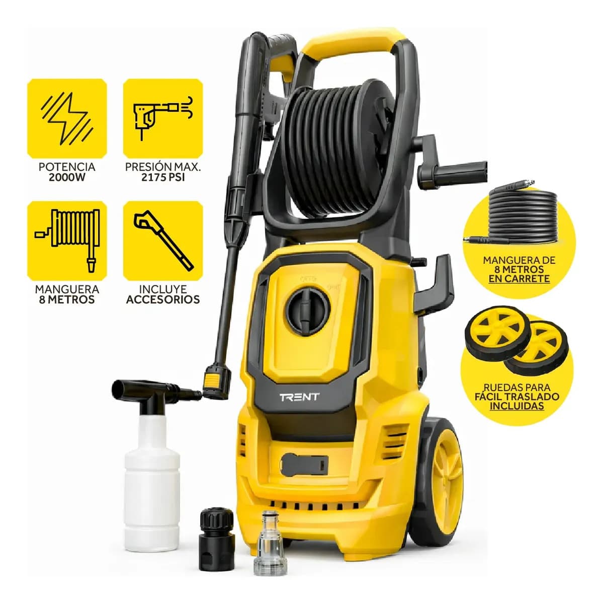 Hidrolavadora Electrica Trent 2000w Alta Presion 2175 Psi Amarillo y Negro