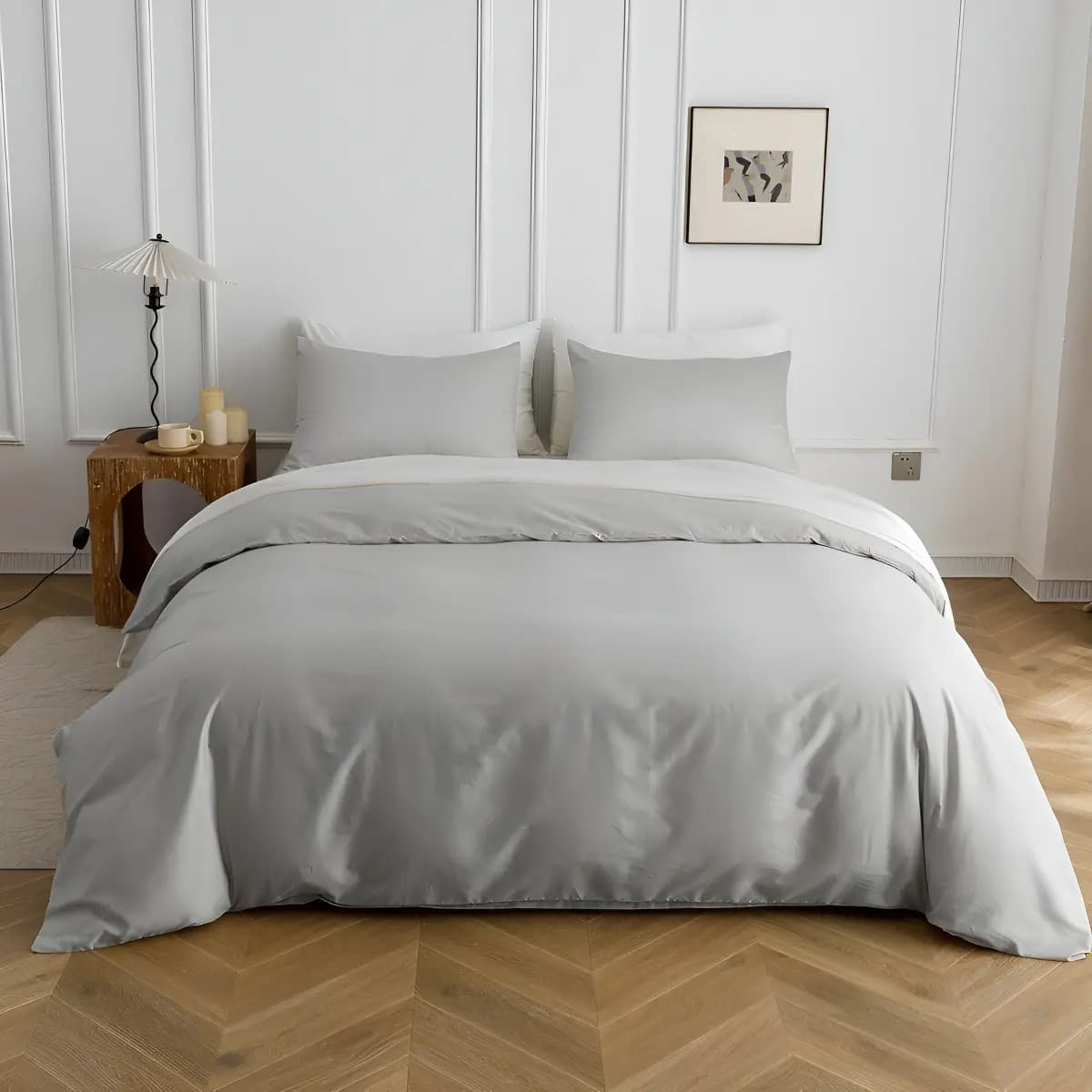 Funda Nórdica Reversible para Edredón Queen con Almohadas de Microfibra Gris Claro