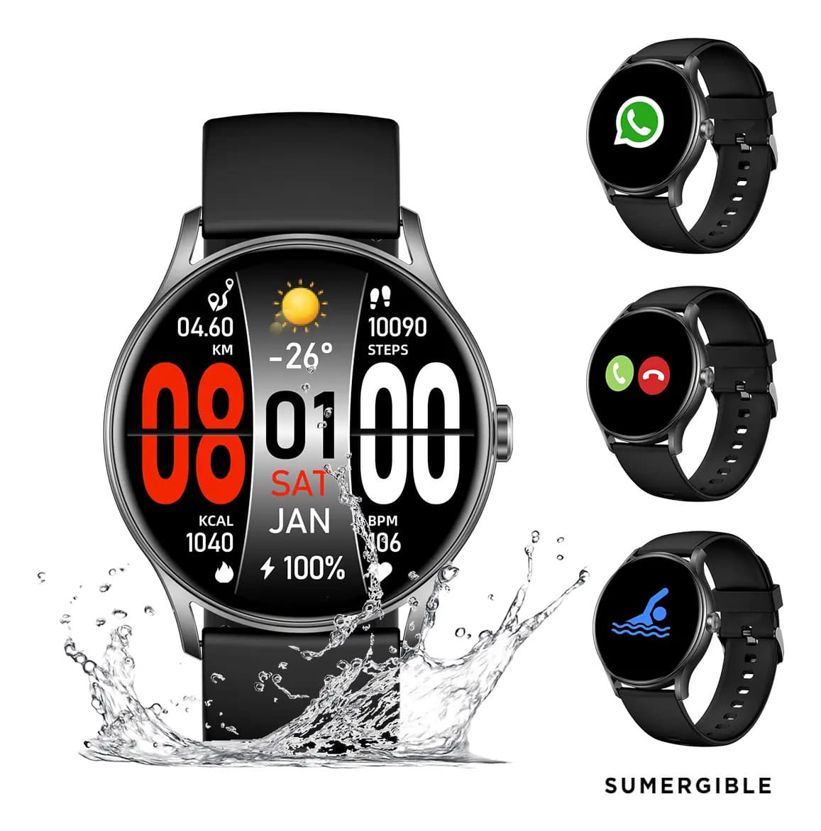 Smartwatch Redondo Nictom Smartwatch Nt16 1,28 Caja De Plástico Negra, Malla De Tpu Negra, Sumergible