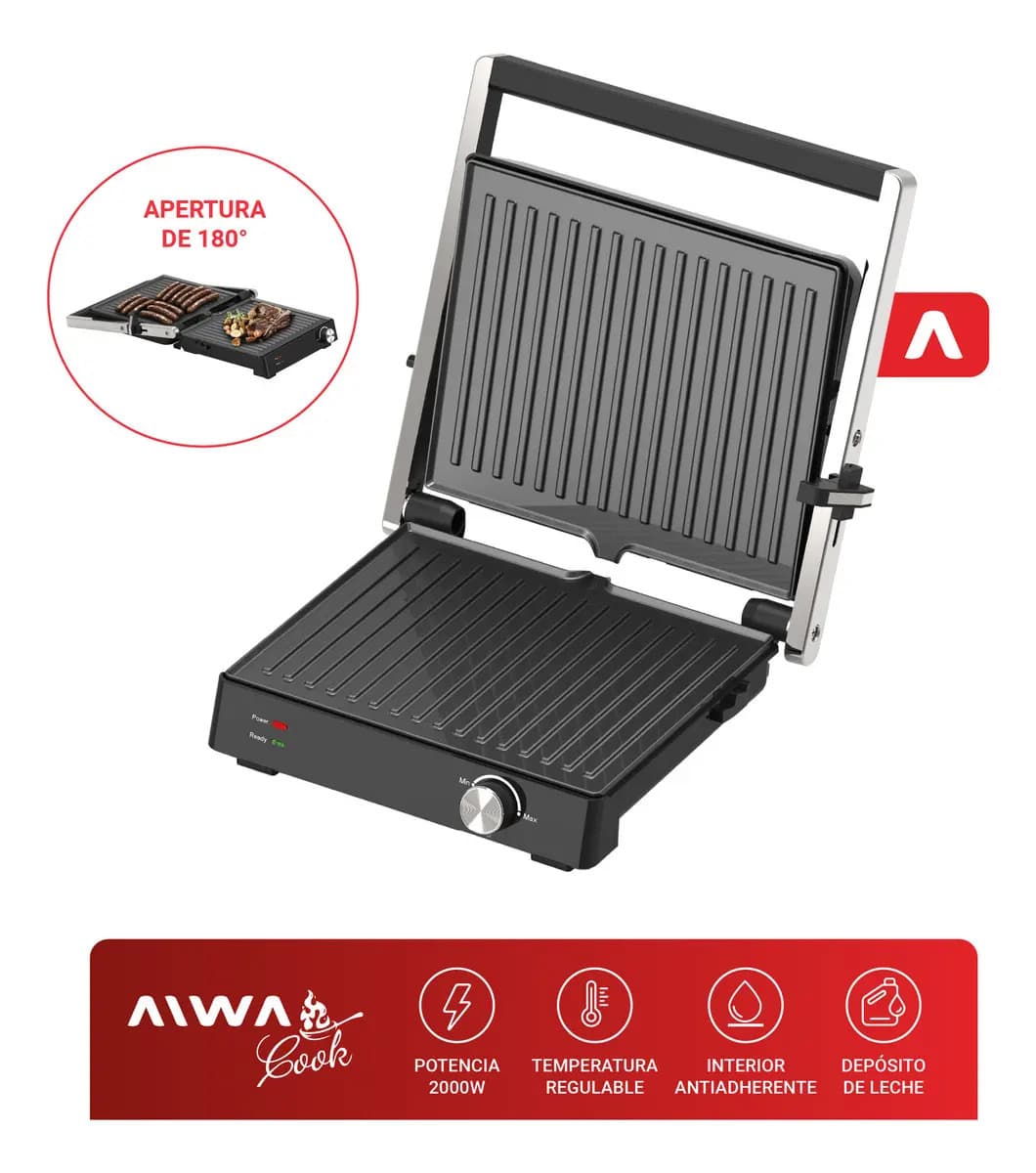 Parrilla Eléctrica Grill Doble Aiwa 2000w Apertura 180 Antideslizante/Antiadherente con depósito de aceite color negro