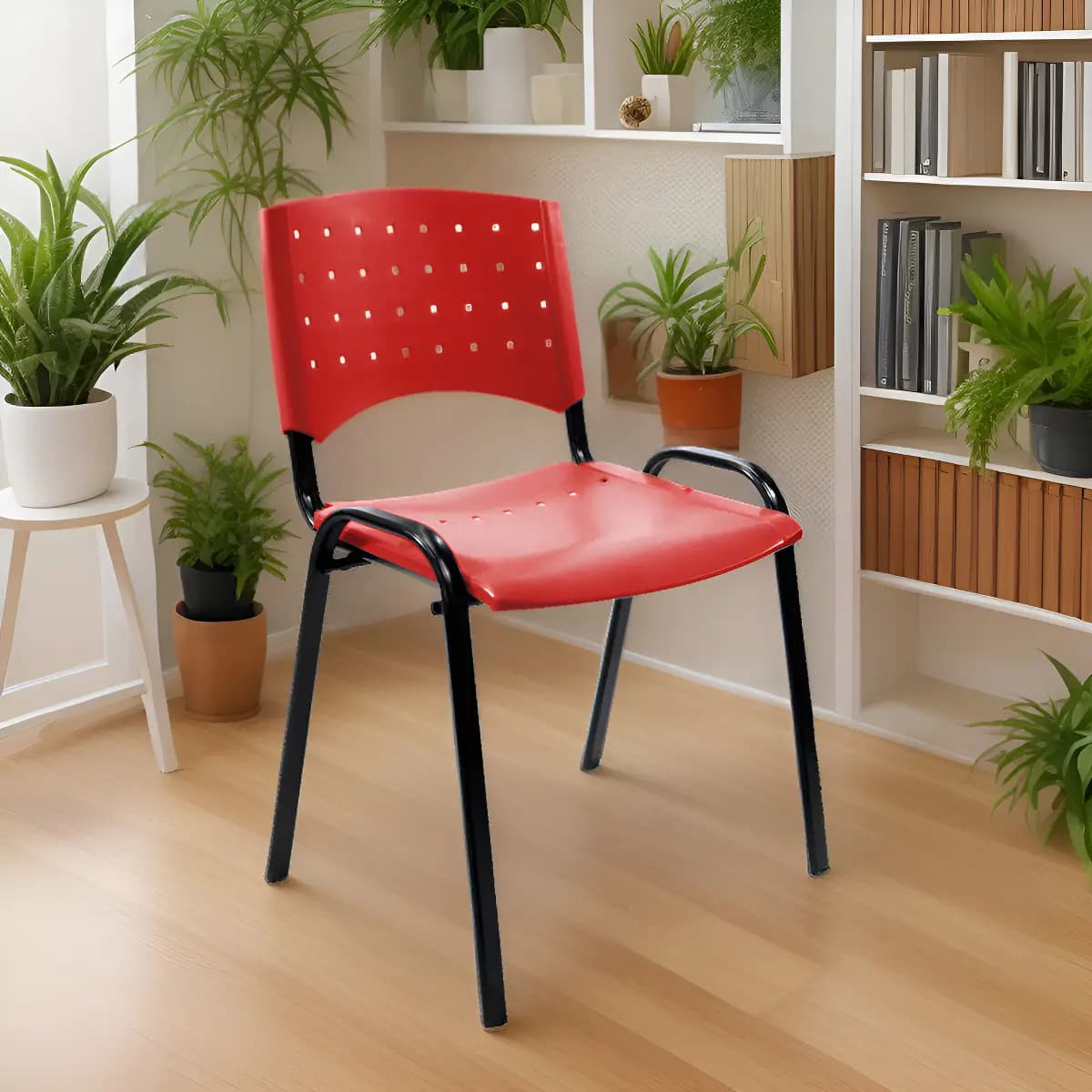 Silla Apilable Plástica Fija De Oficina Sala De Espera Iglesias Consultorios Acero Y Plastico Reforzado Color Rojo