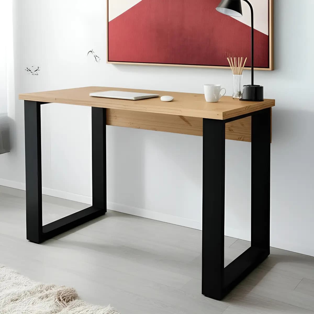 Escritorio Moderno Chico Para Oficina Con Patas Rectangulares Color Negro Y Tapa Color Roble
