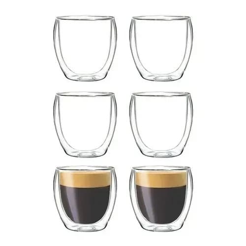 Tazas Café Doble Pared Pocillo Espresso 80ml X6 Vidrio Borosilicato | Termo No Transmite Calor Frío | Apilable Apto Microondas Lavavajillas Levys Bazar Transparente