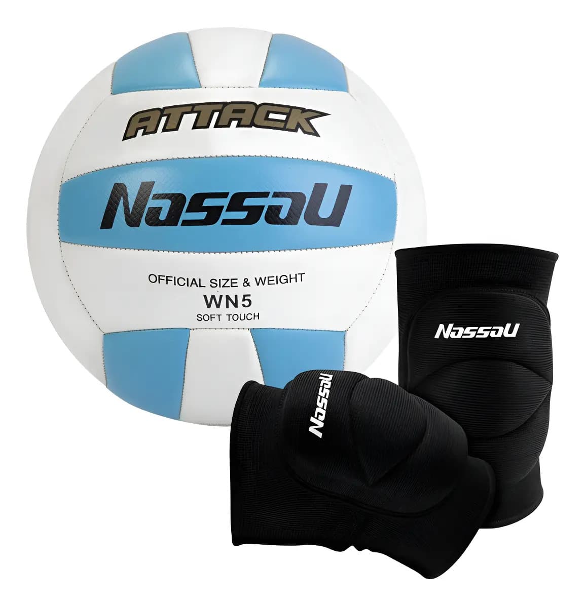 Pack Voley Nassau: Pelota Attack Blanco Celeste y Rodillera Cover Negra Talle M
