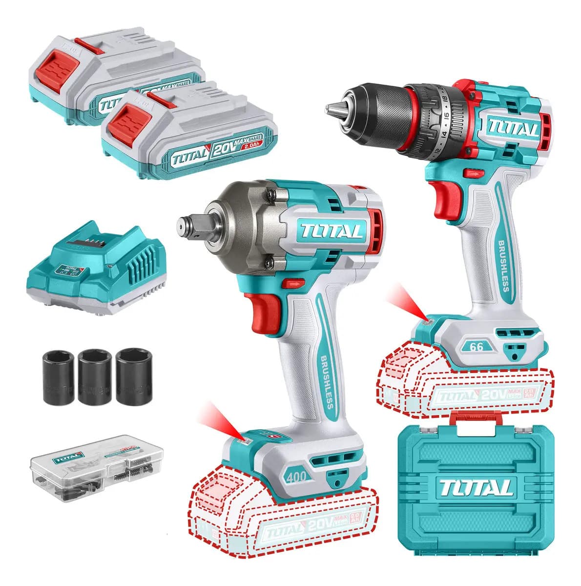 Kit Inalámbrico Total sin Carbones Llave Impacto 1/2'' 400nm y Atornillador con Percutor 66nm con 2 Baterías 2.0ah Litioion Cargador Maletín Dados y Punta Tckli20275