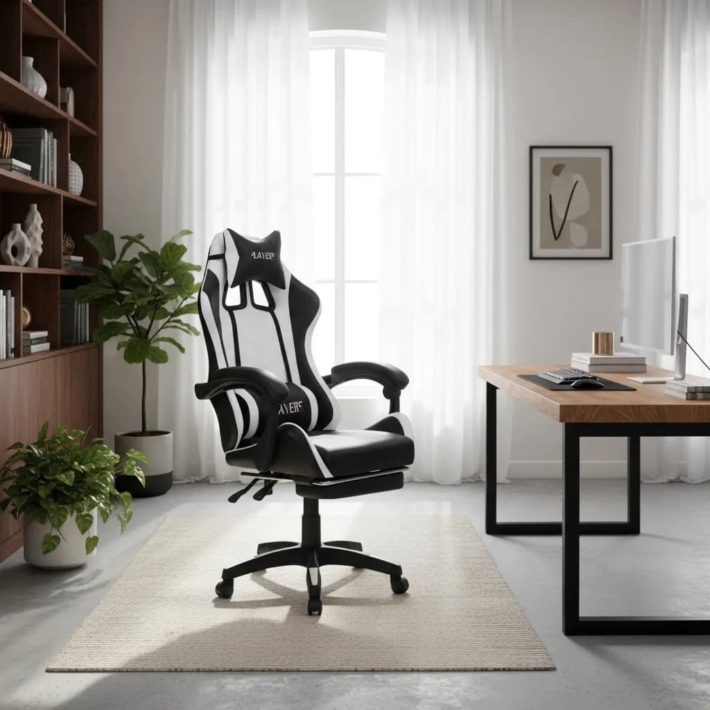 Silla Smart Tech HYG-02 Sillon Escritorio Gamer Ergonomica Reclinable Pc Color Blanco y Negro Tapizado Cuero Sintético