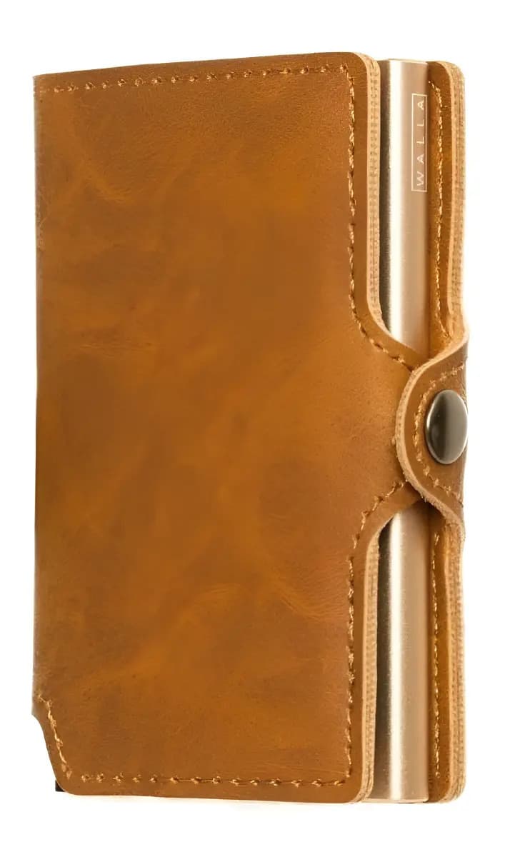 Billetera Walla Vintage cuero marrón claro con protección RFID y botón de eyección