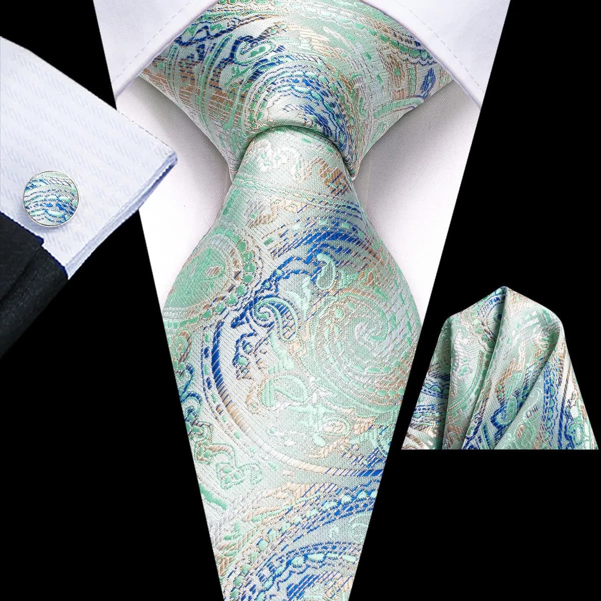 Corbata Hombre Seda Set Con Pañuelo Y Gemelos Ideal Color Verde Claro Con Celeste Diseño De La Tela Floreado