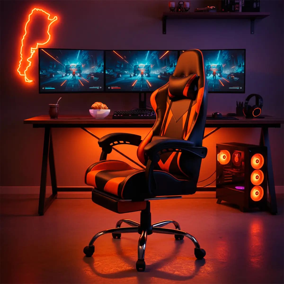 Silla de escritorio Reforzada Ph Import Gamer ergonómica negra y naranja con tapizado de cuero sintético